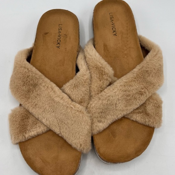 Lisa Vicky Tan Faux Fur Slide Sandals - Picture 2 of 5
